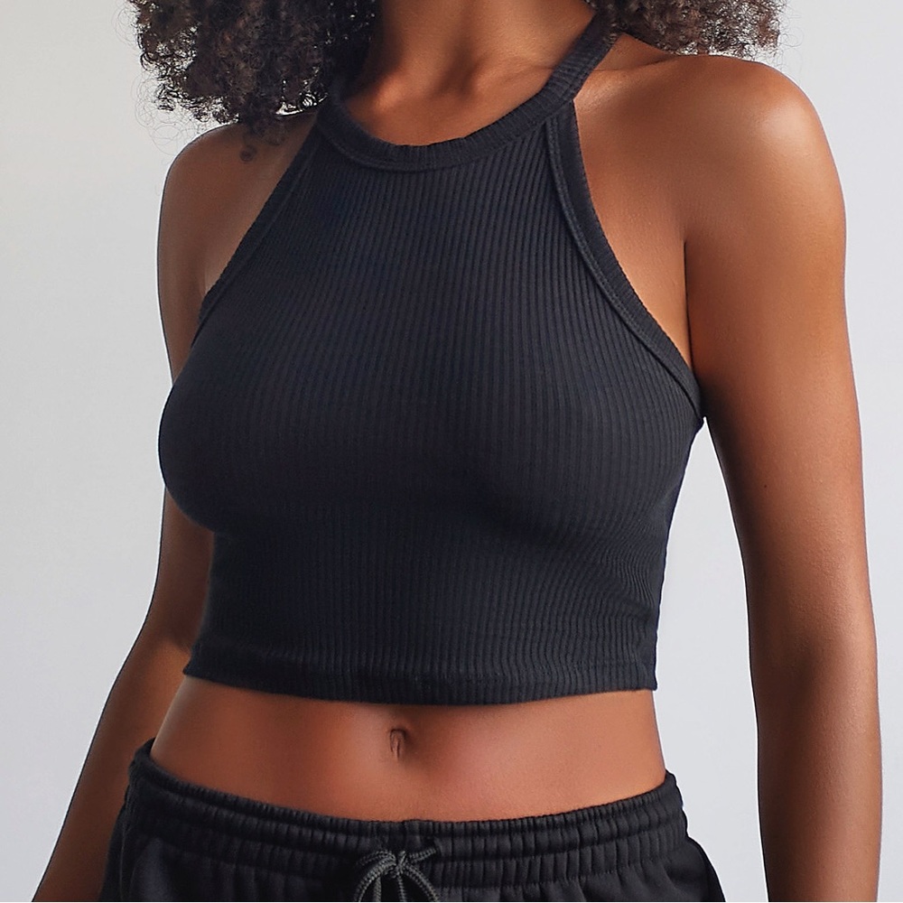 Black Ribbed Halter Crop Top